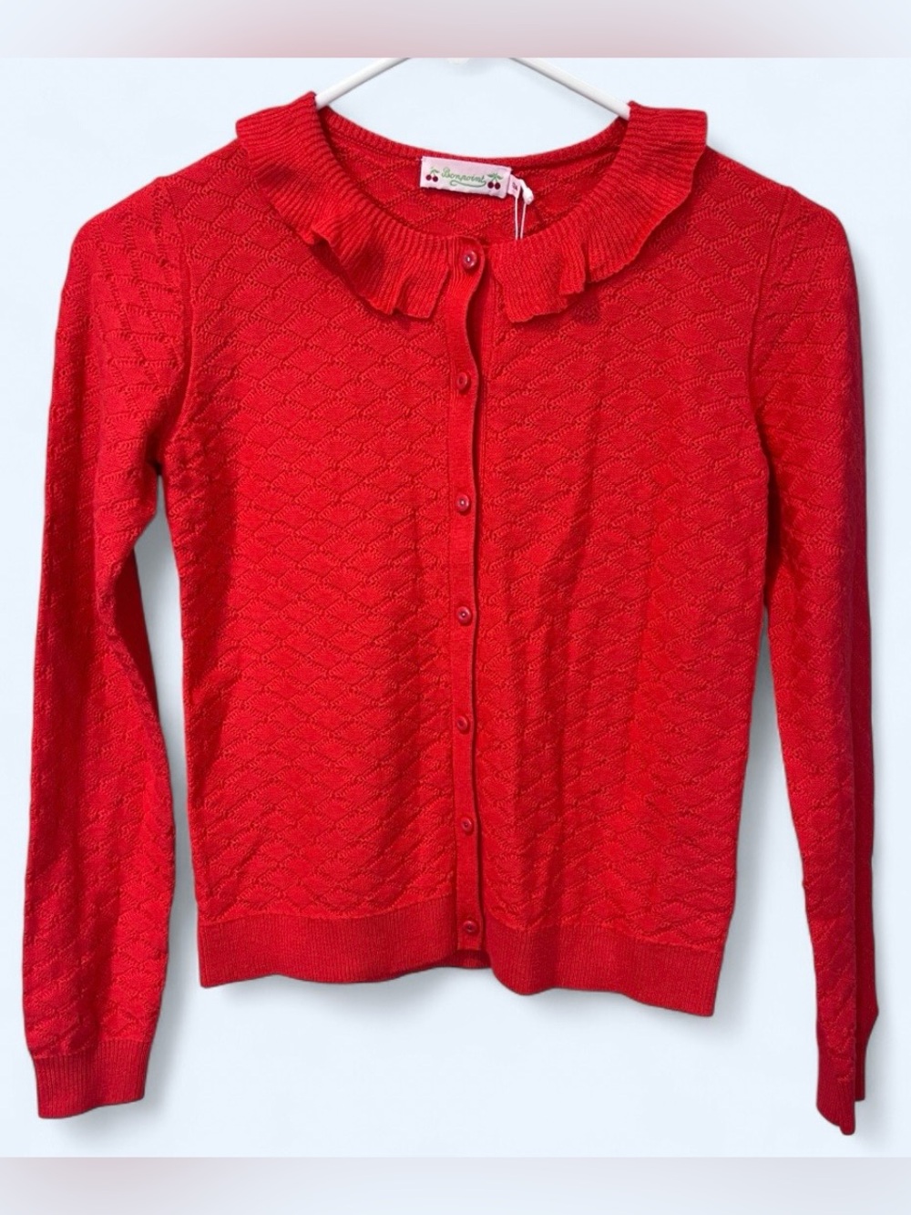 NWT Bonpoint 12A Orange Knit Long Sleeve Button Down Cardigan Ruffle Collar